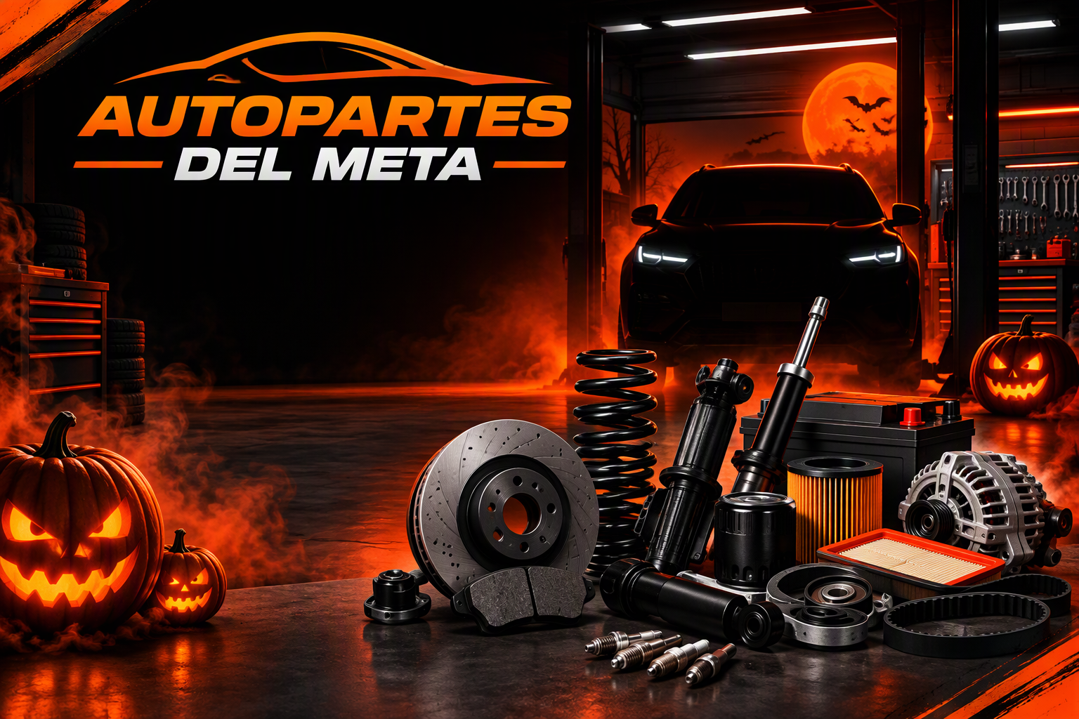 Banner de Halloween con descuentos que asustan de Autopartes del Meta